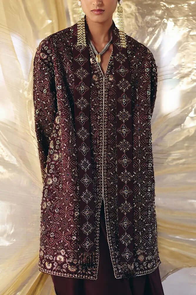 Orana chocolate amber silk faux front open jacket with intricate designs and silver borders, perfect for Safar.