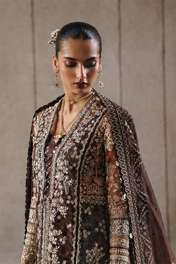 Vionna dark brown multi-panelled organza outfit with golden sequin embroidery and intricate design elements.