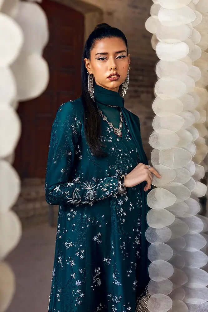 Solara deep green shirt with silk material, angrakha cut, floral embroidery, and V neckline featuring organza.