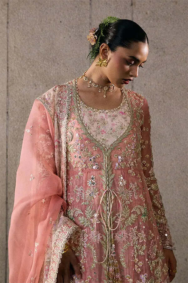 Novara rose coral printed crushed slub pishwas with embroidered organza jacket and detailed dupatta.