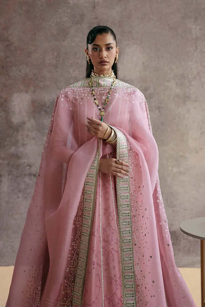 Zareen elegant tea rose pink angrakha shirt with organza dupatta and intricate details.
