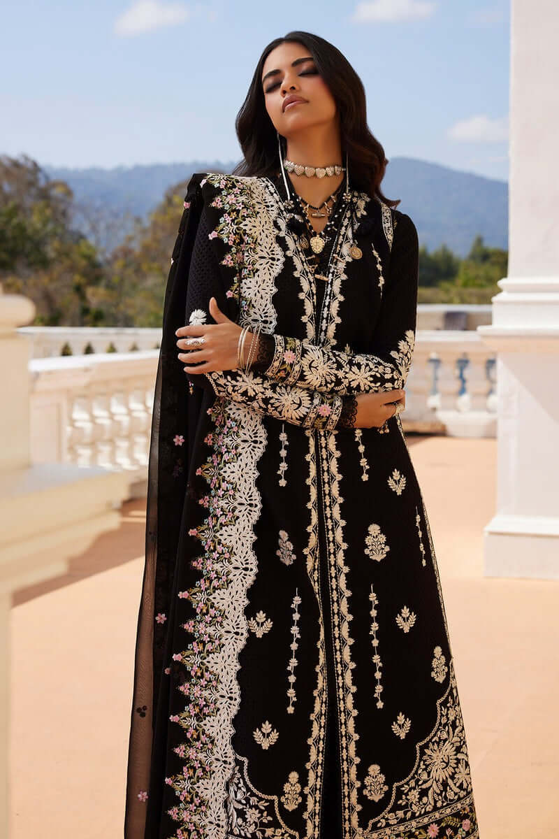 Aleia black front-open kurta with floral embroidery and chiffon dupatta, perfect for elegant occasions.