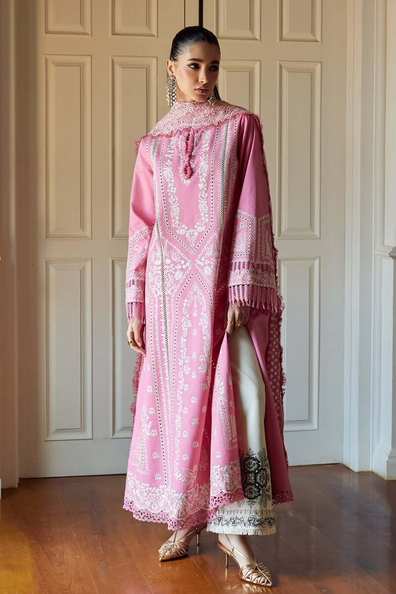 Nazli candy pink kurta with embroidery, paired with off-white pants and chiffon dupatta in traditional patterns.