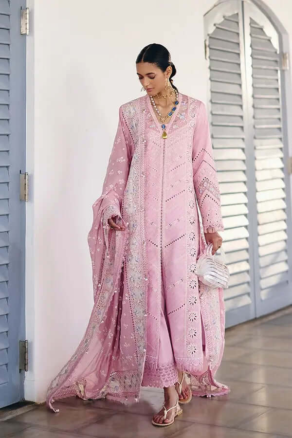 Woman wearing a Safar lilac pink front-open cotton shirt and embroidered chiffon dupatta, showcasing decorative details.