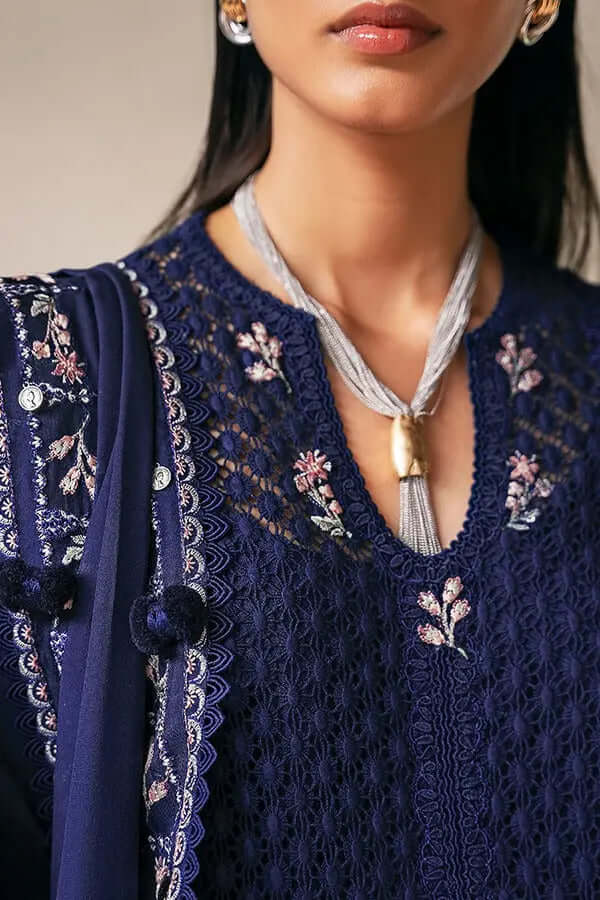 Sahra midnight blue A-line shirt with intricate lace details and floral motifs, featuring a scoop neckline and adorned tassels.