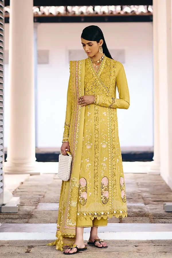 Zorah honey yellow Angrakha style shirt with cutwork embroidery and lace details, showcasing colorful pastel floral accents.