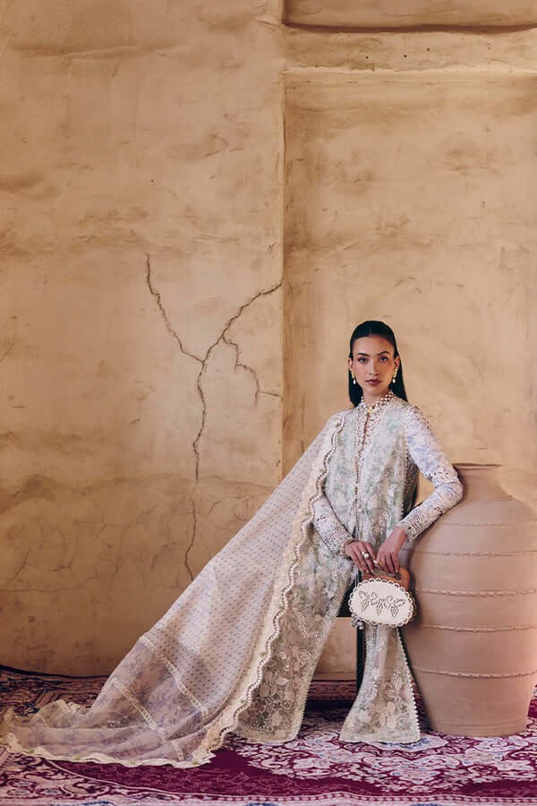 Rehma outfit featuring elegant double layered design and intricate embroidery, perfect for Eid celebrations.