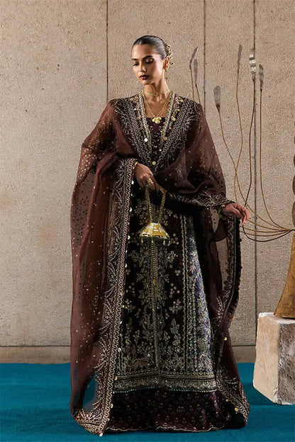 Vionna dark brown organza front open dress with gold embroidery, paired with a matching shawl and tassel details.