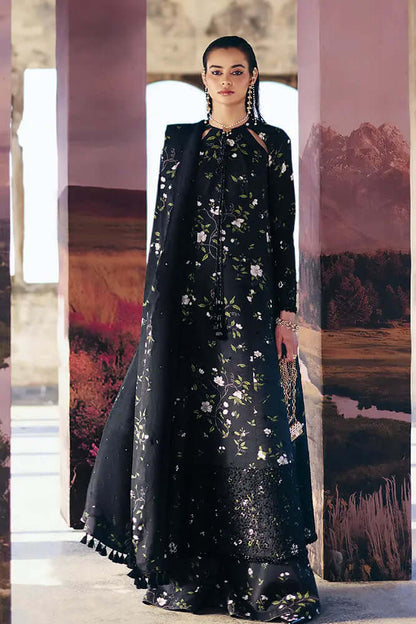 Elegant Zeyara outfit: black floral A-line dress with matching dupatta featuring handwork details.