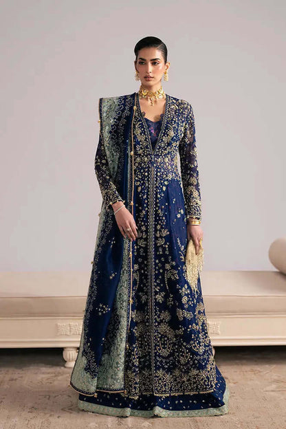 Rishaal embroidered and embellished organza shirt with intricate designs and navy blue color, perfect for festive occasions.
