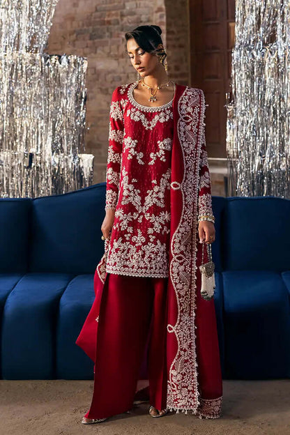 Seri Cherry Red shirt and matching pants with intricate handwork and lace, featuring Zorah and Zareen designs.
