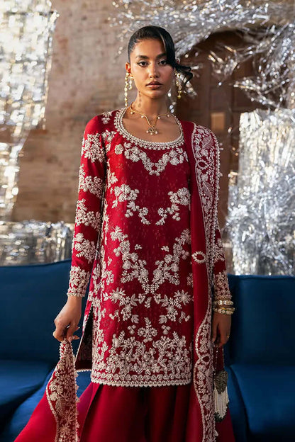 Seri Cherry Red mid-length shirt with intricate handwork and matching dupatta made of organza.