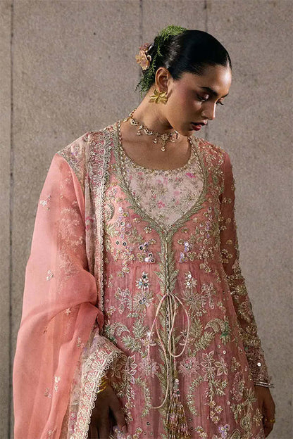 Novara rose coral printed crushed slub pishwas with embroidered organza jacket and detailed dupatta.