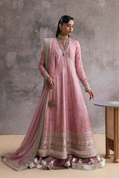 Zareen Tea rose pink angrakha shirt with organza neckline and embroidery, styled elegantly.