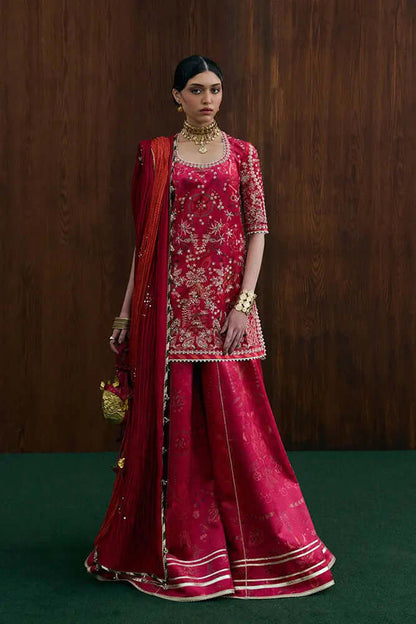 Ryelle crimson pink printed velvet shirt with embroidered neckline, matching sharara, and crush dupatta.