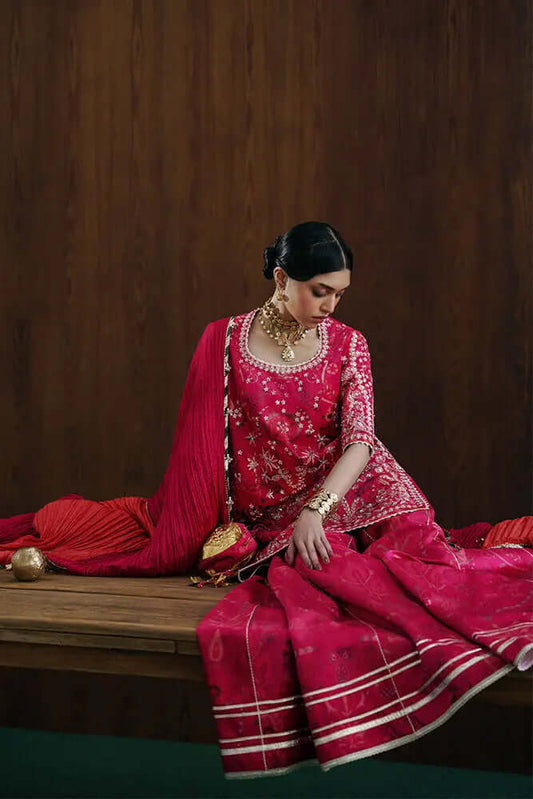 Ryelle crimson pink printed velvet shirt with embroidered neckline and sharara, styled with crush dupatta.