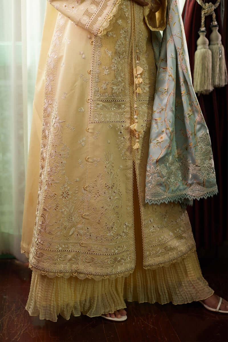 Daneen butter yellow front-open shirt with off-white embroidery and ice blue silk dupatta, styled elegantly for any occasion.