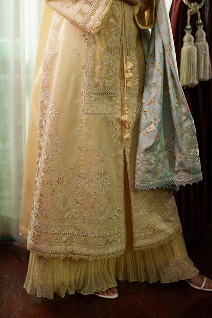 Daneen butter yellow front-open shirt with off-white embroidery and ice blue silk dupatta, styled elegantly for any occasion.