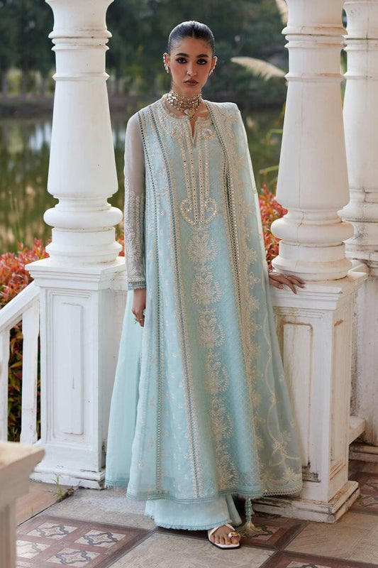 Elegant sky blue Saher dress with intricate embroidery, perfect for various occasions, featuring a lightweight dupatta and chic design.