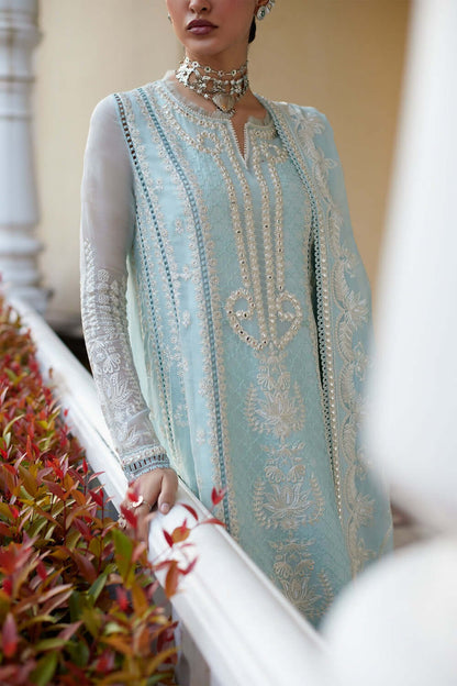 Elegant Saher sky blue paper lawn kalidaar with intricate embroidery and dupatta, perfect for any occasion.
