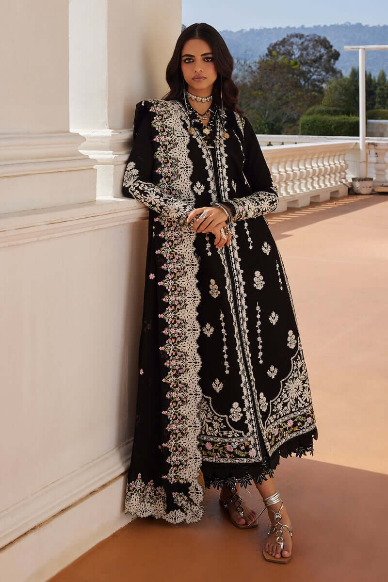 Aleia black kurta with floral embroidery, paired with a chiffon dupatta and culottes, showcasing elegance and style.