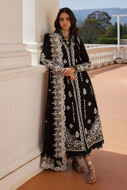 Aleia black kurta with floral embroidery, paired with a chiffon dupatta and culottes, showcasing elegance and style.