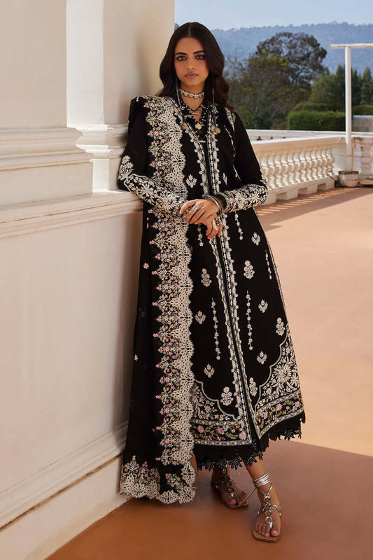 Aleia black kurta with floral embroidery, paired with a chiffon dupatta and culottes, showcasing elegance and style.