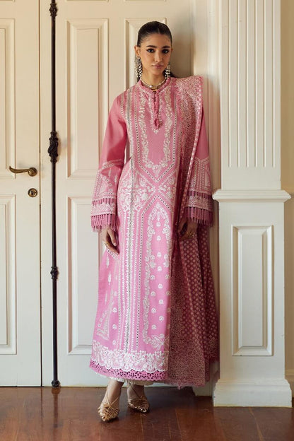 Nazli candy pink kurta with embroidery, paired with off-white pants and chiffon dupatta, showcasing traditional patterns.