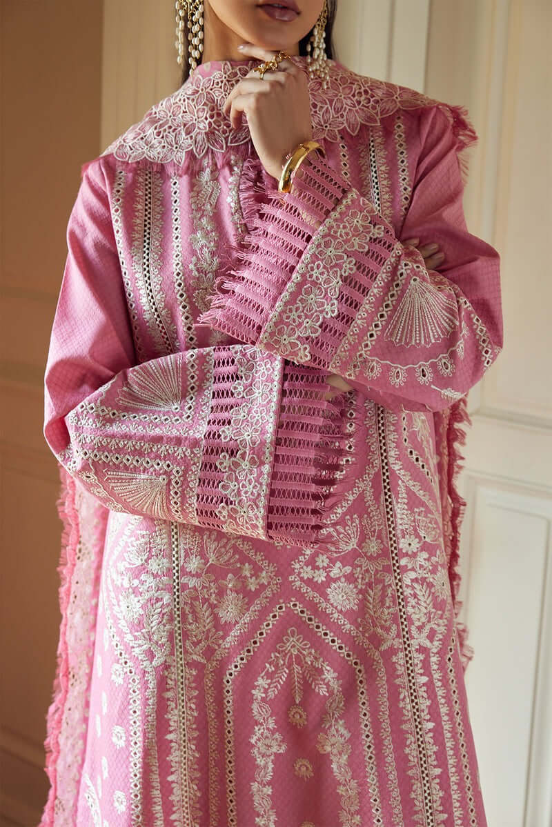 Nazli candy pink kurta with embroidery detailing and chiffon dupatta, perfect for elegant occasions.