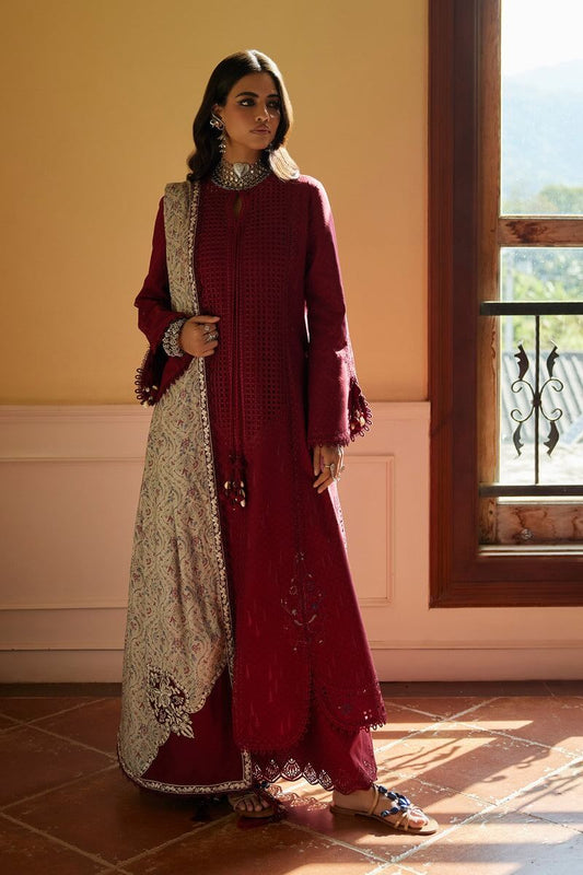 Feeha deep red cutwork shirt with printed contrast dupatta and stylish azaar pants, showcasing elegance and modernity.