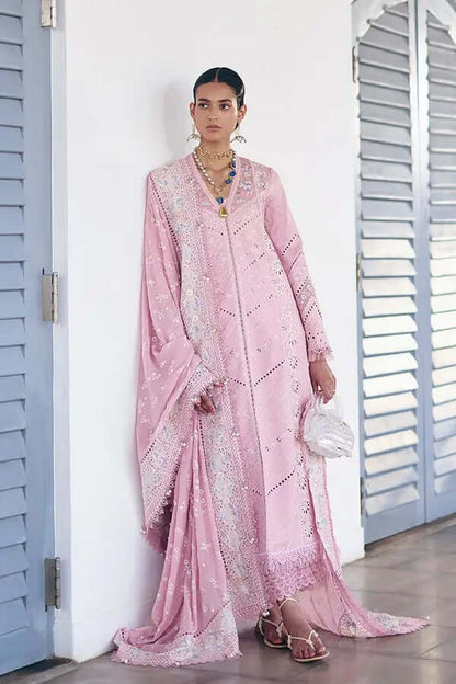 Safar Lilac Pink cotton shirt with lace detailing and embroidered dupatta, stylish front-open design.