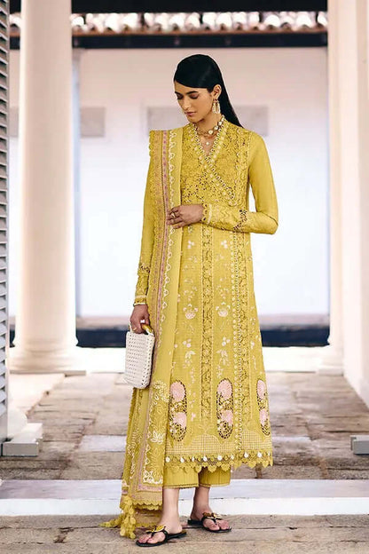 Zorah honey yellow Angrakha style shirt with cutwork embroidery and lace details, showcasing colorful pastel floral accents.