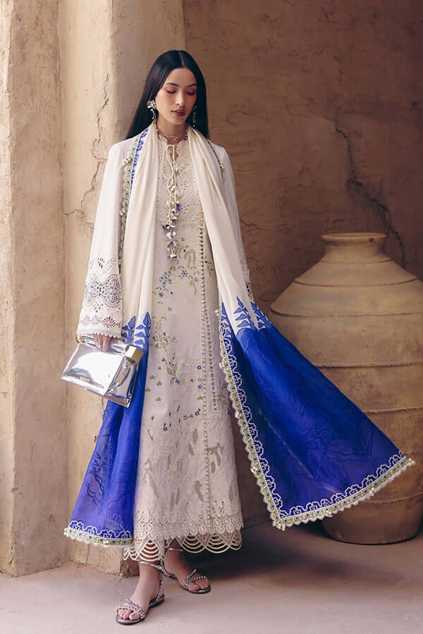 Zehra ivory outfit with blue dupatta, featuring embroidery and lace details, perfect for Eid celebrations, by Safira.