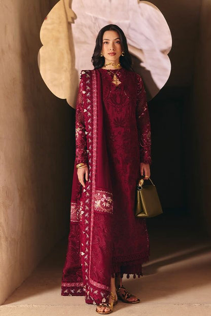 Sehaz maroon embroidered outfit with full sleeves and chiffon dupatta, perfect for festive occasions.