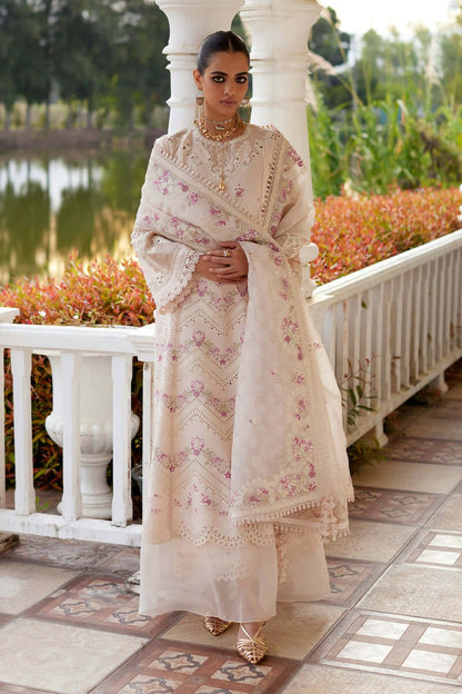 Melina elegant powder pink kurta with embroidery, paired with organza dupatta and culottes for special occasions.