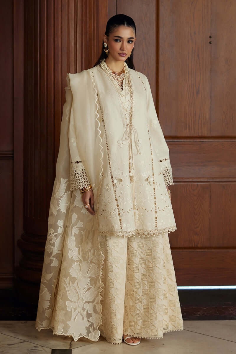Liza off-white shirt with Azar pant and embroidered dupatta showcasing elegant resham embroidery details.