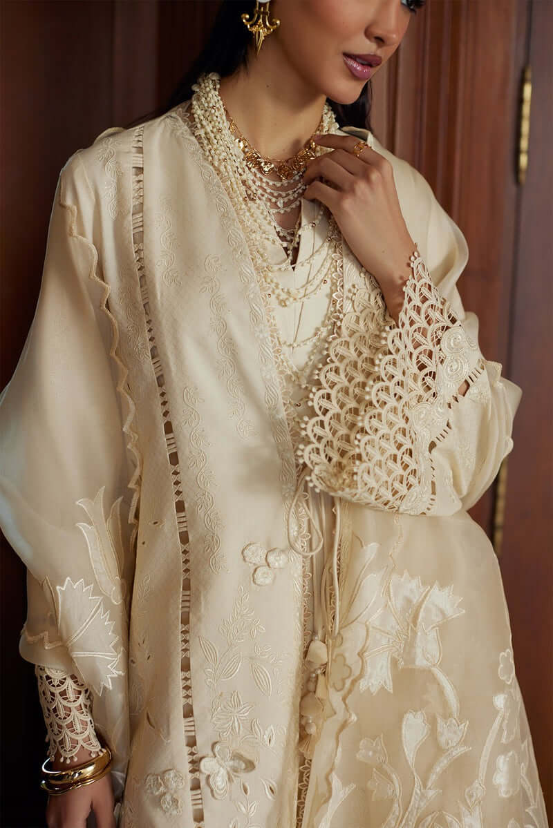 Elegant off-white Liza shirt with intricate 3D resham embroidery and beautiful lace details.
