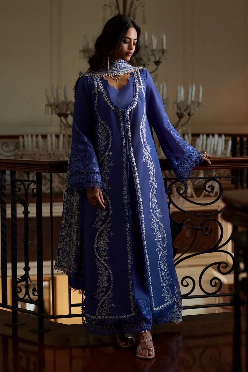 Elegant deep periwinkle dress Eslem with intricate embroidery and lace accents, perfect for special occasions.
