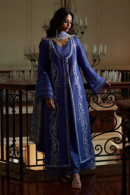 Elegant deep periwinkle dress Eslem with intricate embroidery and lace accents, perfect for special occasions.