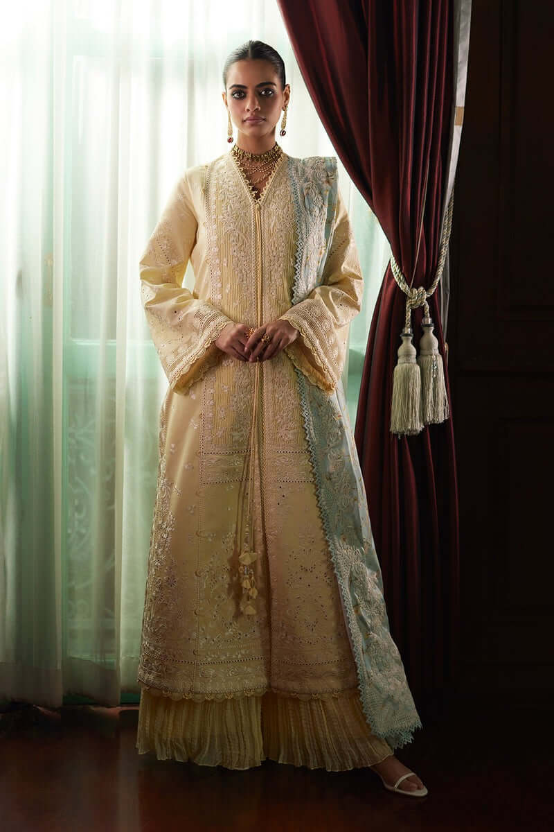 Daneen butter yellow front-open shirt with silk ice blue dupatta, featuring elegant embroidery for special occasions.